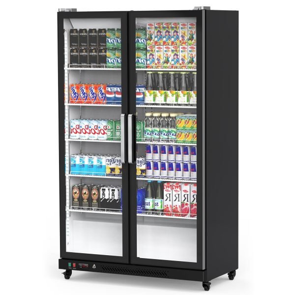 Commercial Refrigerator, Glass Door with LED Lighting Upright Beverage Display Cooler for Home, Store, Gym, or Office, Featuring Double Swing Doors and 39 cu.ftQuantumX Chargers
