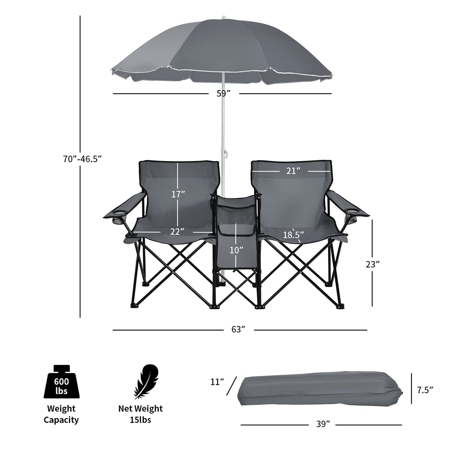 Double Folding Picnic Chairs Umbrella Mini Table Beverage Holder Carrying BagQuantumX Chargers