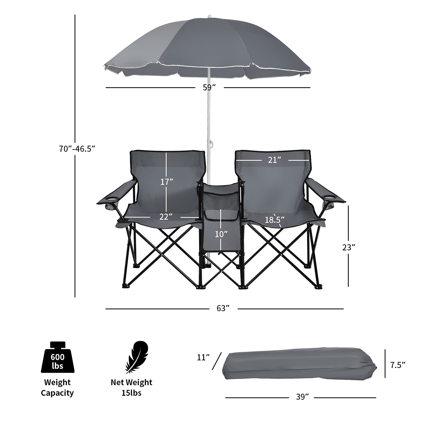 Double Folding Picnic Chairs Umbrella Mini Table Beverage Holder Carrying BagQuantumX Chargers