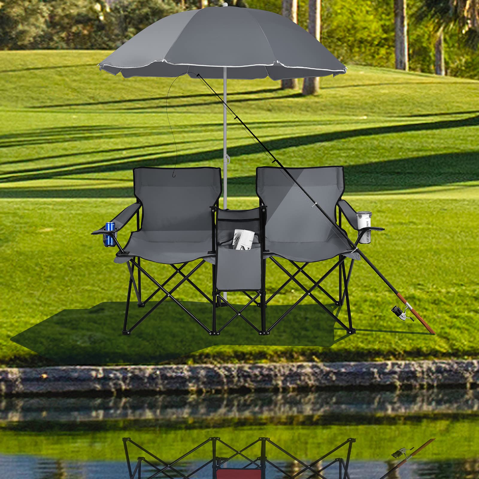 Double Folding Picnic Chairs Umbrella Mini Table Beverage Holder Carrying BagQuantumX Chargers