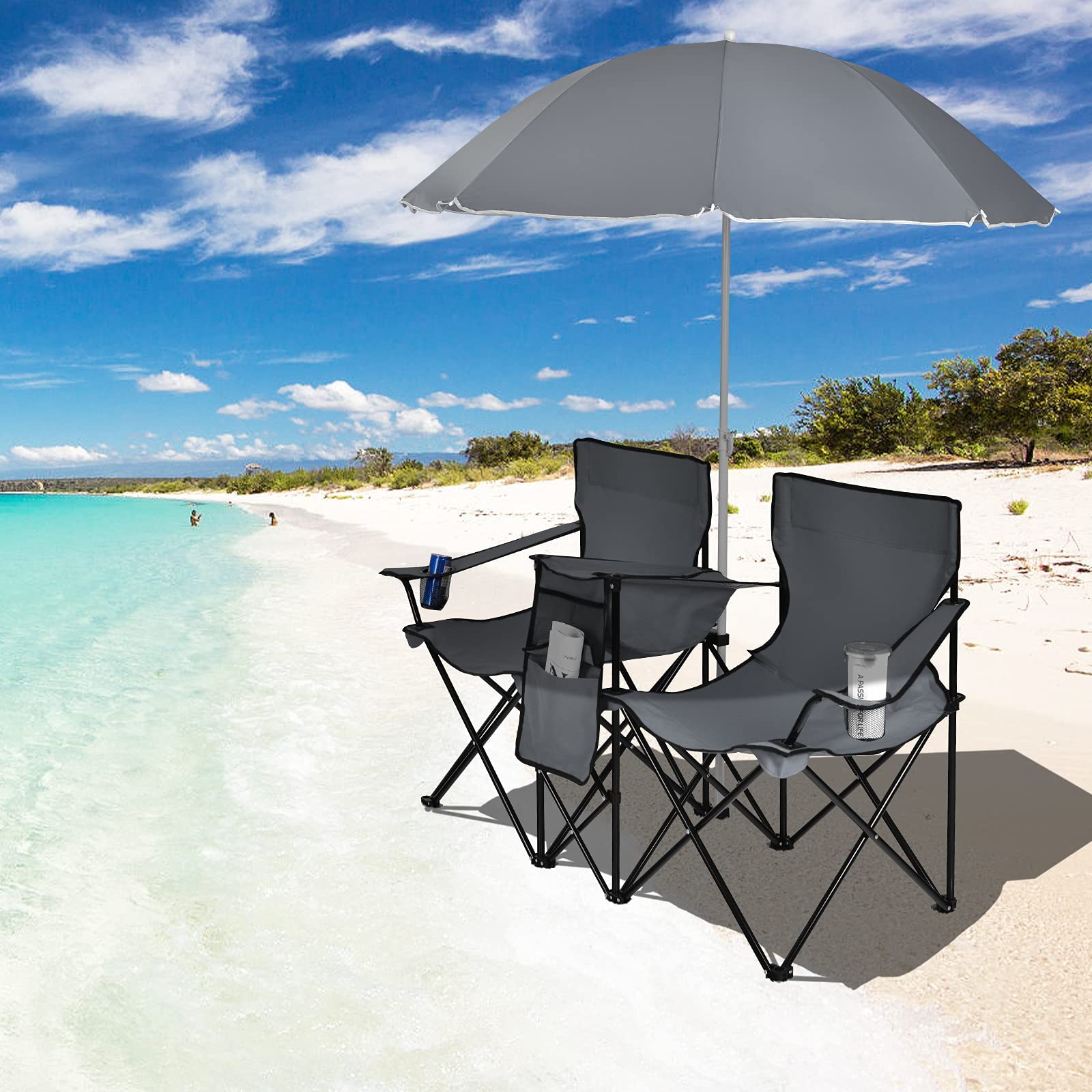 Double Folding Picnic Chairs Umbrella Mini Table Beverage Holder Carrying BagQuantumX Chargers