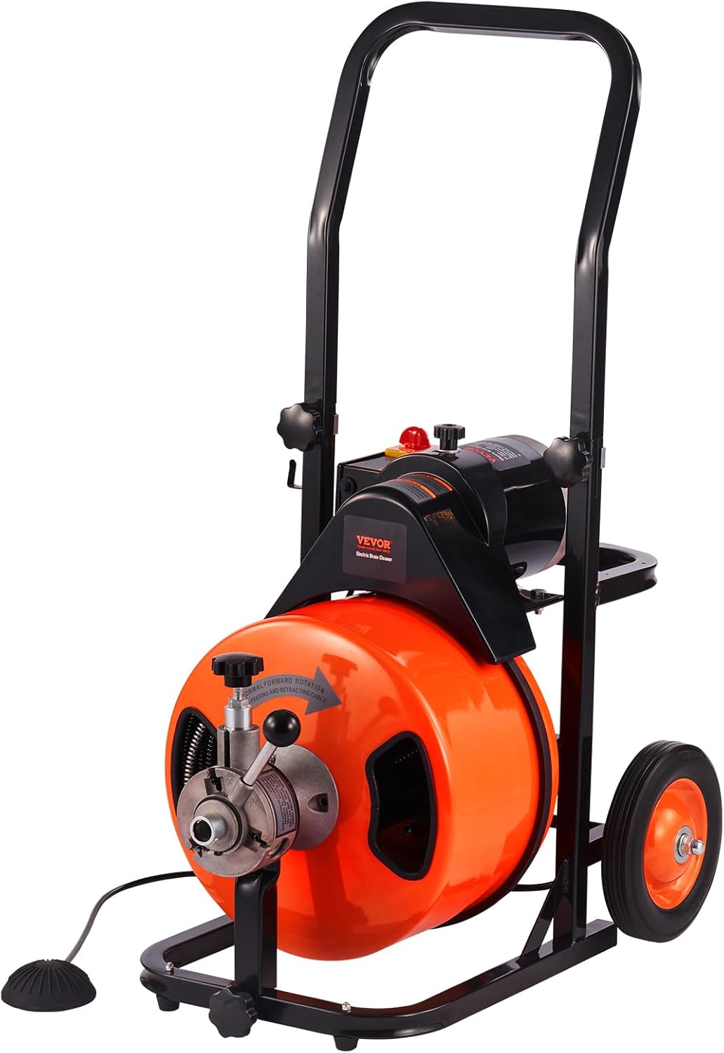Drain Cleaner Machine 100FT x 1/2Inch, Auto Feed Sewer Snake Auger with 4 Cutter & Air - activated Foot Switch for 1" to 4" Pipes, Orange, BlackQuantumX Chargers