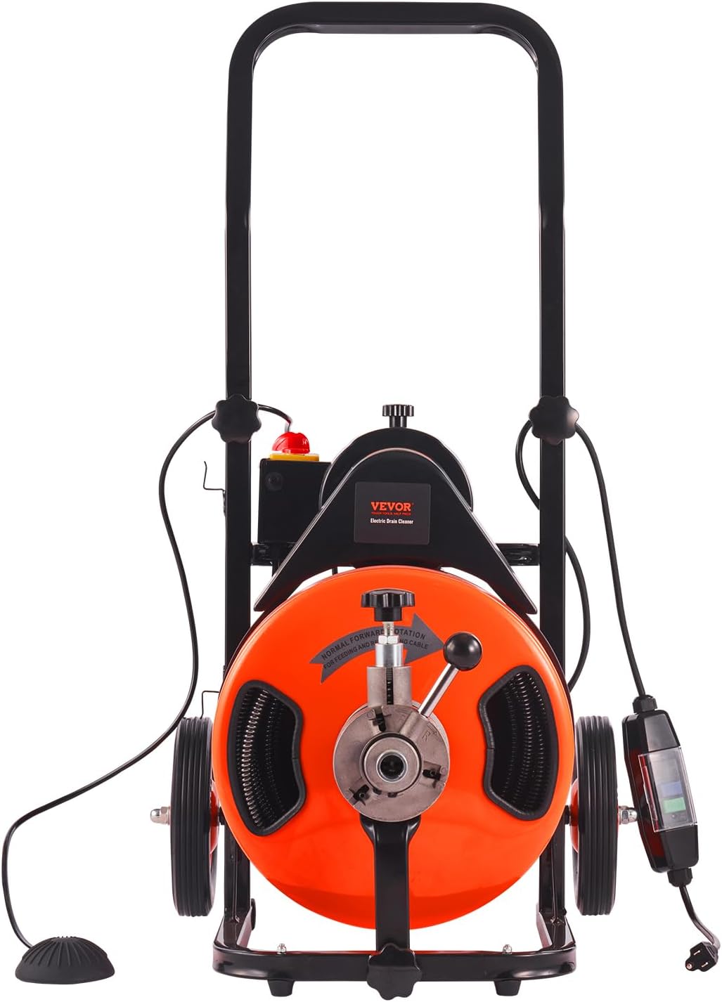 Drain Cleaner Machine 100FT x 1/2Inch, Auto Feed Sewer Snake Auger with 4 Cutter & Air - activated Foot Switch for 1" to 4" Pipes, Orange, BlackQuantumX Chargers