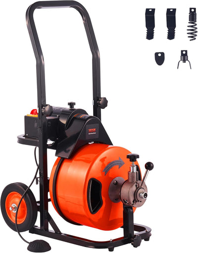 Drain Cleaner Machine 100FT x 1/2Inch, Auto Feed Sewer Snake Auger with 4 Cutter & Air - activated Foot Switch for 1" to 4" Pipes, Orange, BlackQuantumX Chargers