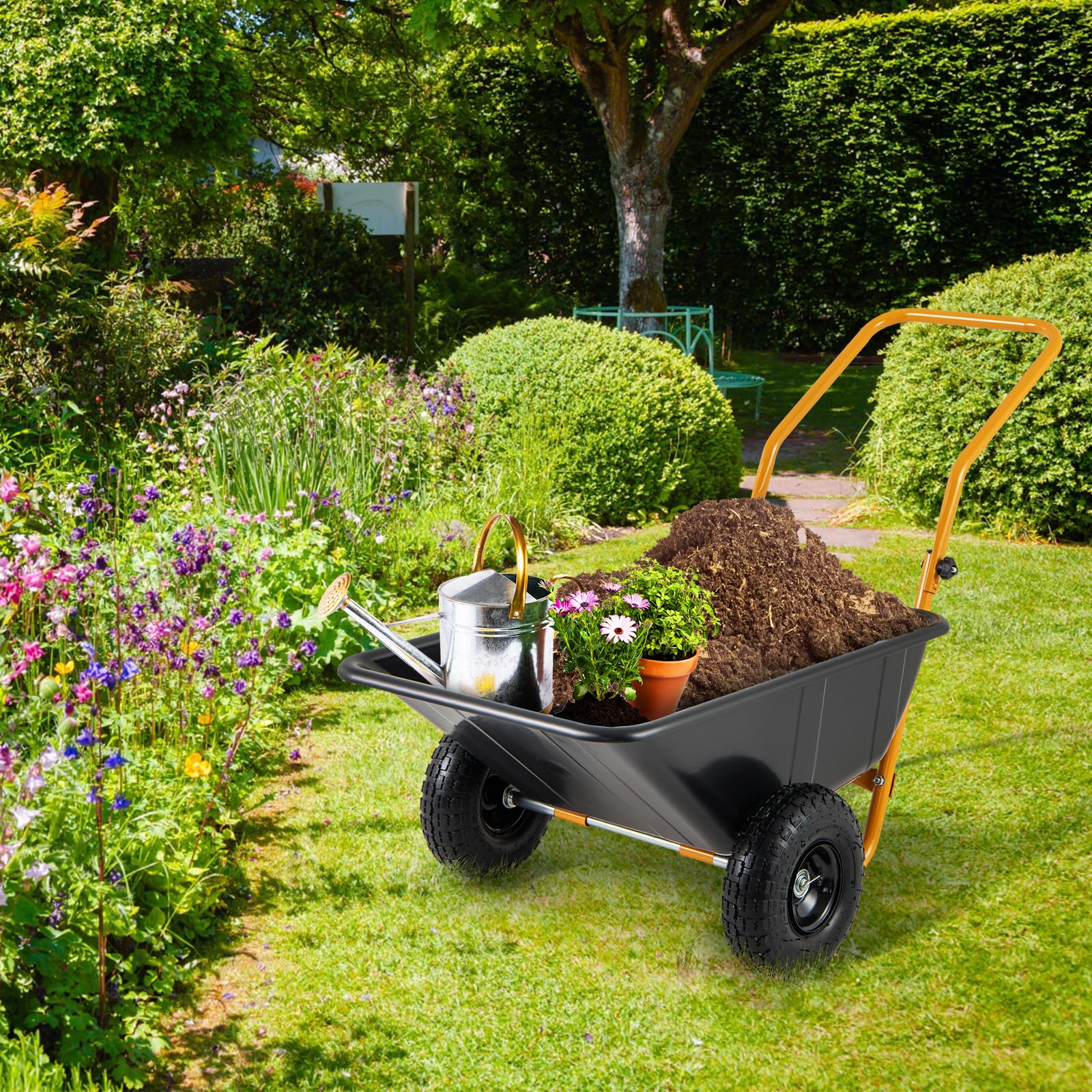 Dual - Wheel Wheelbarrow, Heavy - Duty Garden Utility Cart w/Pneumatic Tires, 330LBS CapacityQuantumX Chargers