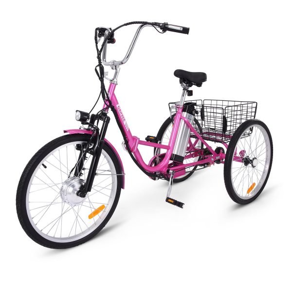 Electric Tricycle for Adults, 7 Speeds Folding Electric Trike, 24 Inch 3 Wheel Motorized Bicycle w/ 36V 10Ah Removable Battery, E Trikes with Large Basket, 330 Loading Capacity, 250W Motor, PinkQuantumX Chargers