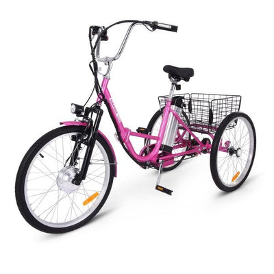 Electric Tricycle for Adults, 7 Speeds Folding Electric Trike, 24 Inch 3 Wheel Motorized Bicycle w/ 36V 10Ah Removable Battery, E Trikes with Large Basket, 330 Loading Capacity, 250W Motor, PinkQuantumX Chargers