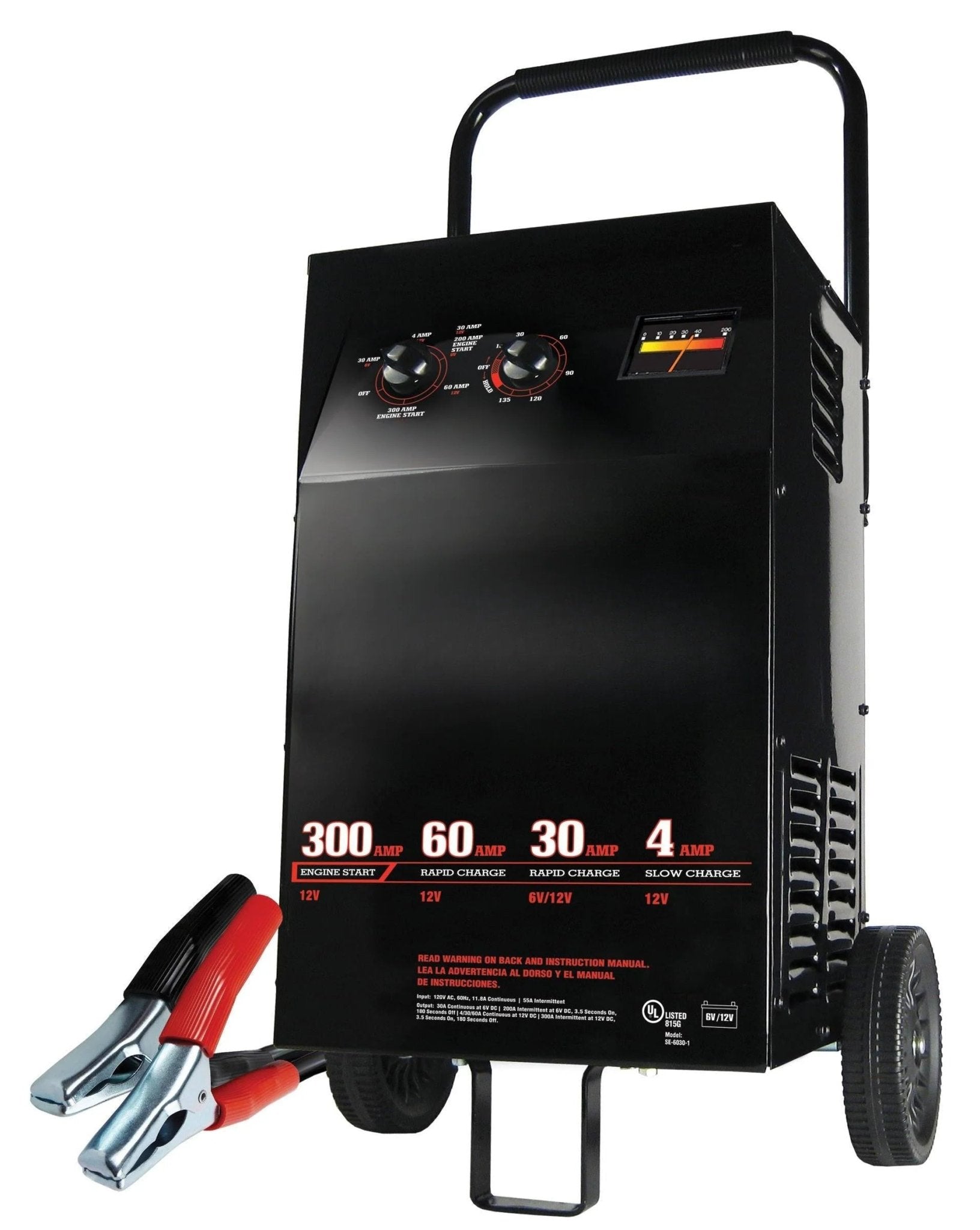 Electric Wheeled Battery Charger and Engine Starter, 2 - in - 1, manual timer control, 300 crank amps, 6 volts, 12 volts, for car, SUV, truck and Marine batteriesQuantumX Chargers