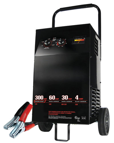 Electric Wheeled Battery Charger and Engine Starter, 2 - in - 1, manual timer control, 300 crank amps, 6 volts, 12 volts, for car, SUV, truck and Marine batteriesQuantumX Chargers