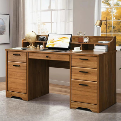 Executive Desk with Drawers, 58 Inch Desk with Storage, Wood Executive Desk with 6 Drawers, Study Desk for Bedroom, Business Furniture Desk with File Cabinet, Vintage BrownQuantumX Chargers