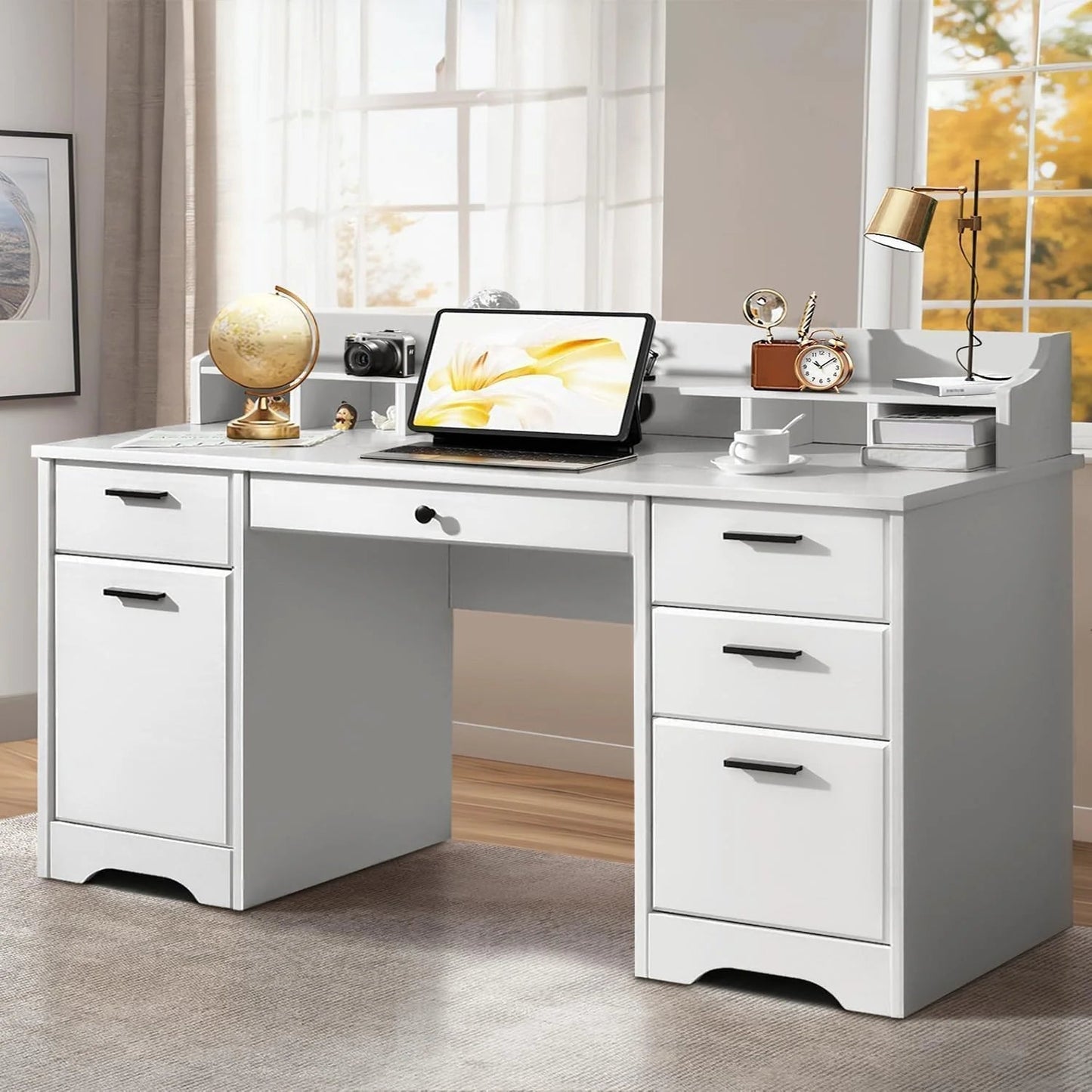 Executive Desk with Drawers, 58 Inch Desk with Storage, Wood Executive Desk with 6 Drawers, Study Desk for Bedroom, Business Furniture Desk with File Cabinet, Vintage BrownQuantumX Chargers