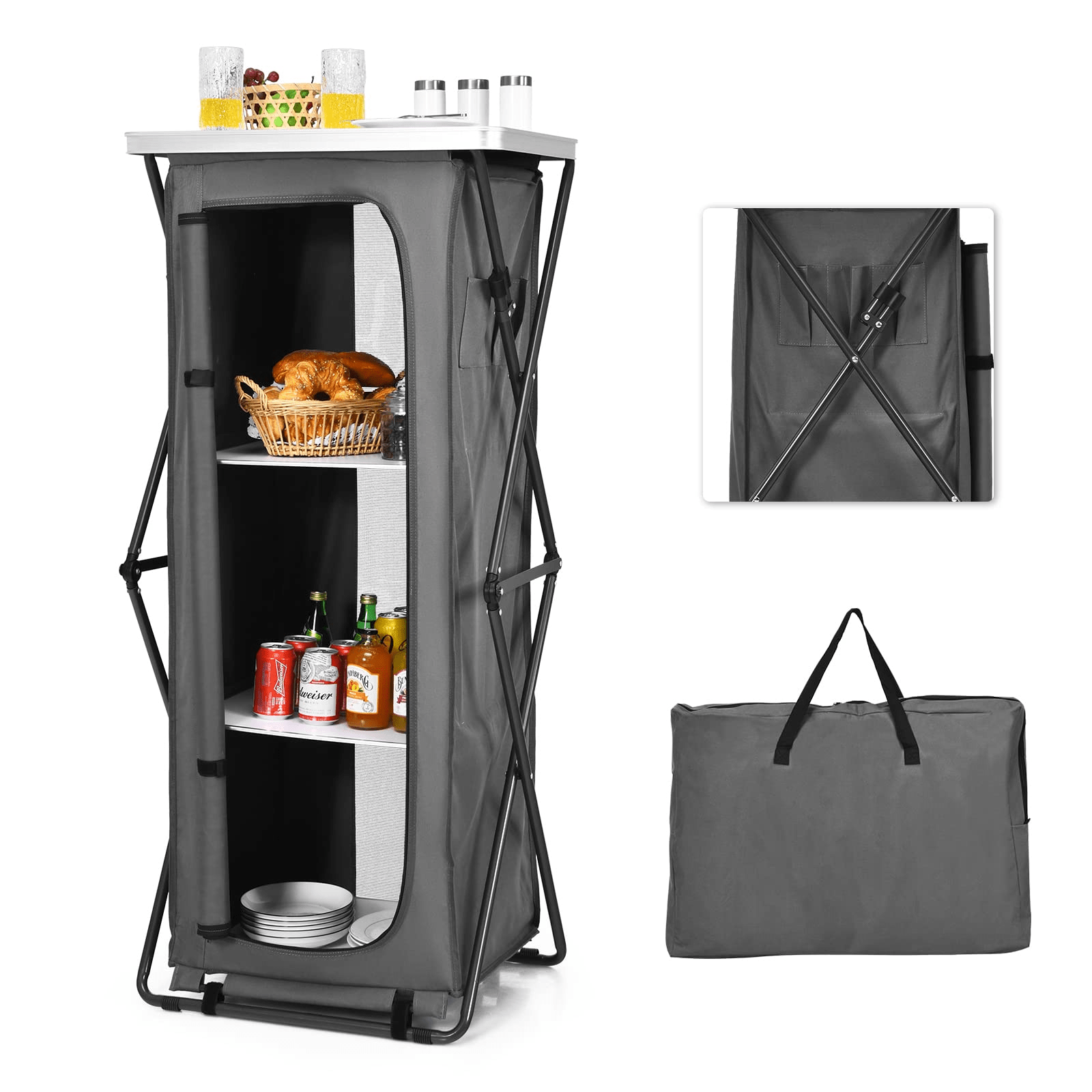 Folding Camping Storage Cabinet, Pop Up Outdoor Camping Kitchen Station with Large 3 - Tier Storage OrganizerQuantumX Chargers