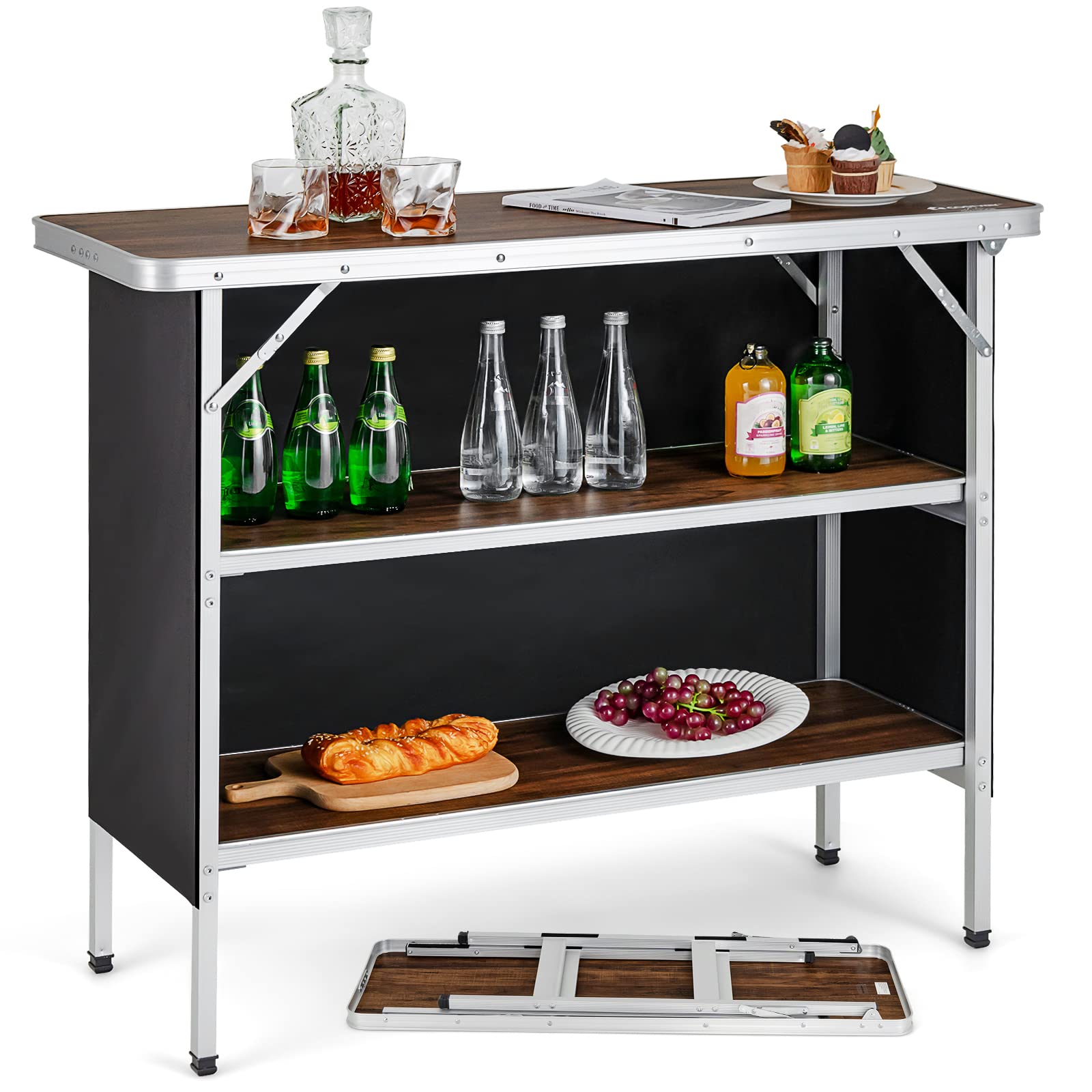 Folding Camping Table, Aluminum Portable Pop - Up Bar Table with 2 - Tier Storage ShelvesQuantumX Chargers