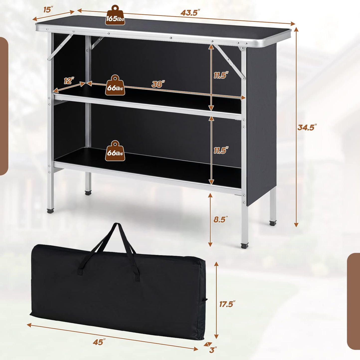 Folding Camping Table, Aluminum Portable Pop - Up Bar Table with 2 - Tier Storage ShelvesQuantumX Chargers