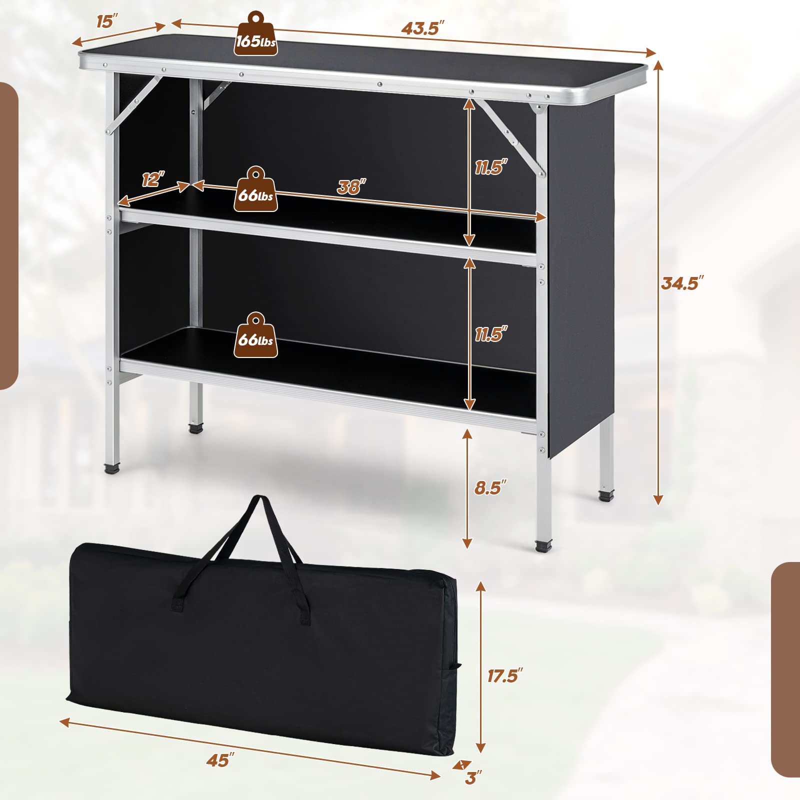Folding Camping Table, Aluminum Portable Pop - Up Bar Table with 2 - Tier Storage ShelvesQuantumX Chargers