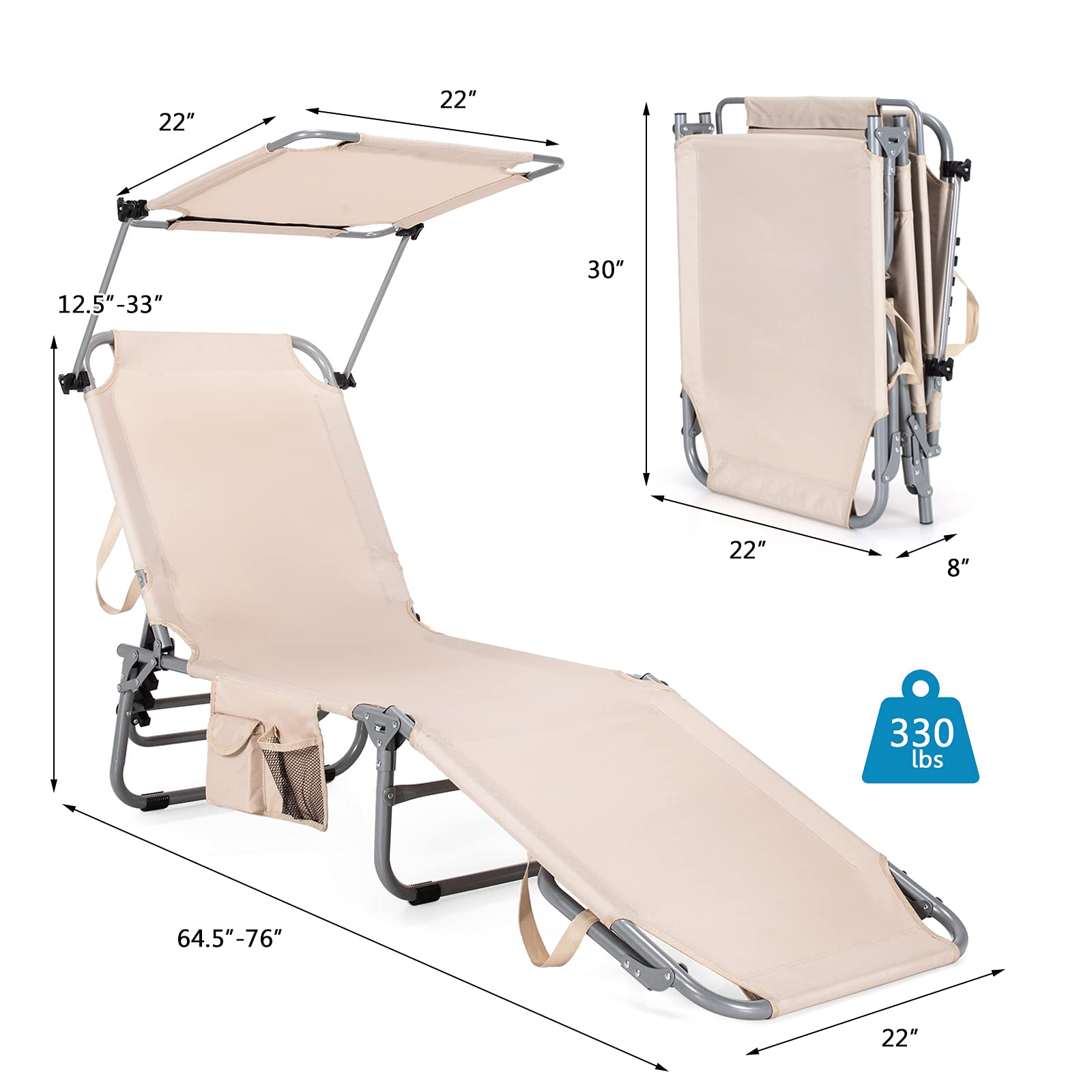 Folding Lounge Chair w/Shade Canopy and Storage PocketQuantumX Chargers
