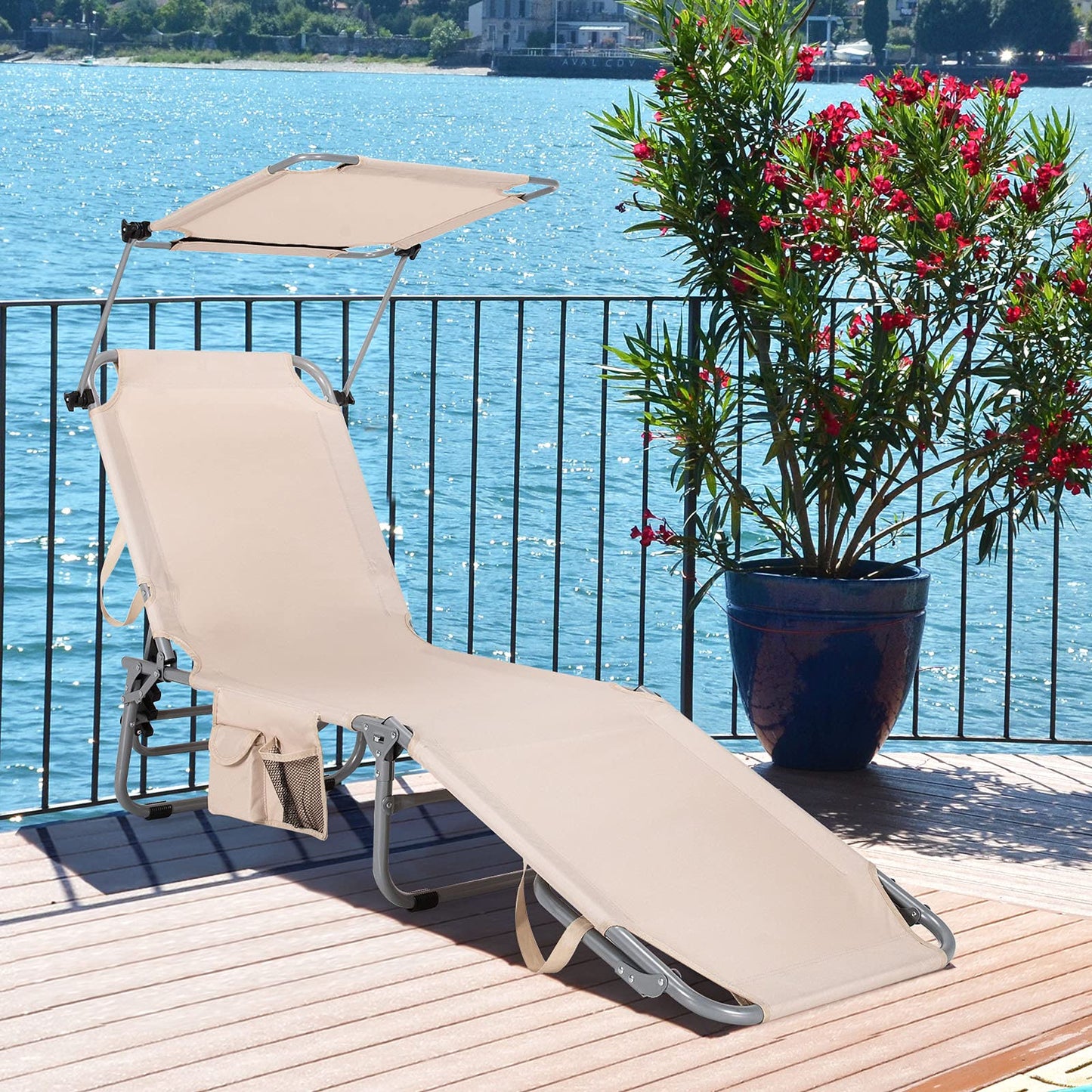 Folding Lounge Chair w/Shade Canopy and Storage PocketQuantumX Chargers