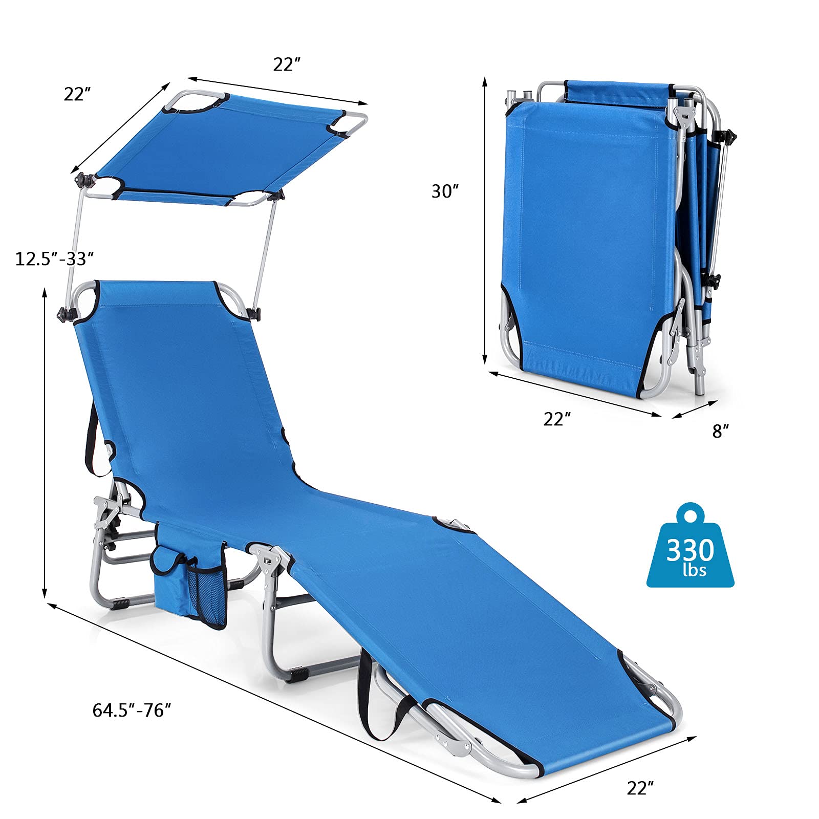 Folding Lounge Chair w/Shade Canopy and Storage PocketQuantumX Chargers