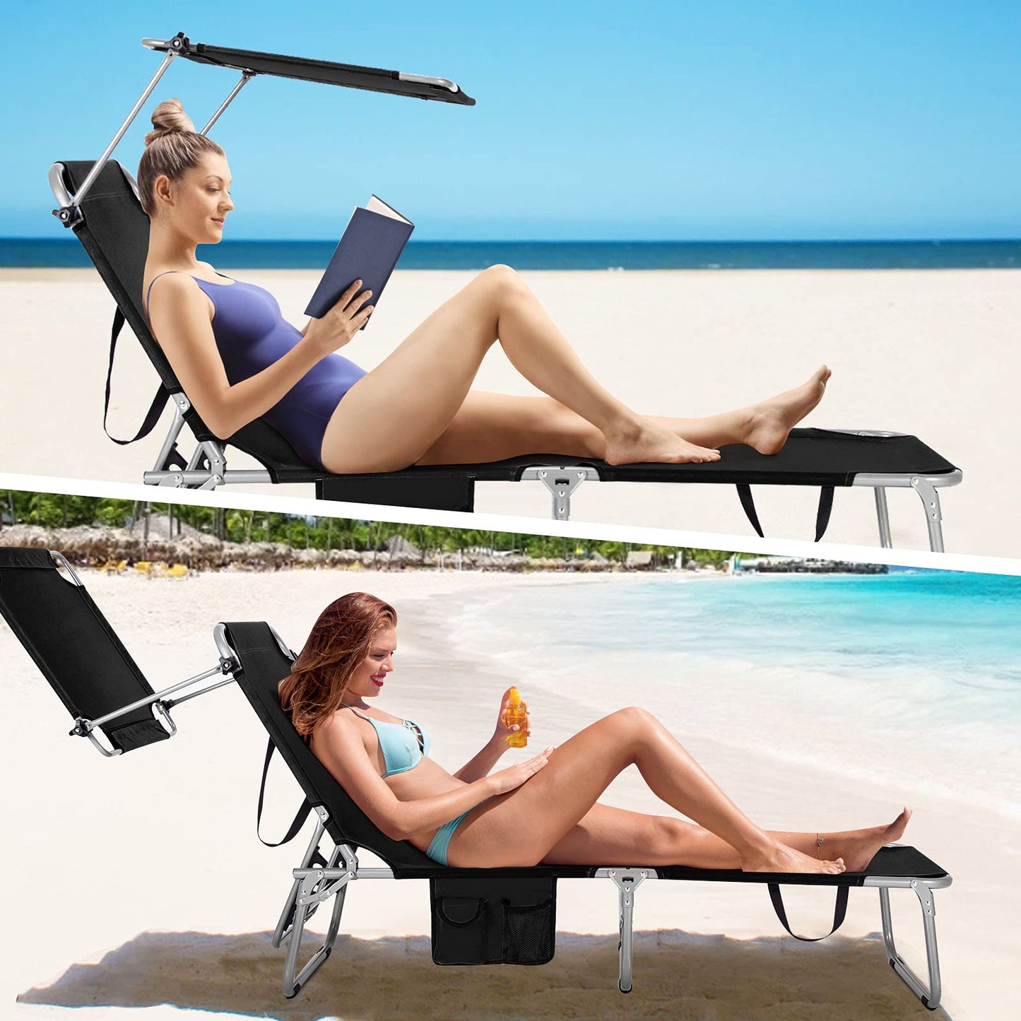 Folding Lounge Chair w/Shade Canopy and Storage PocketQuantumX Chargers
