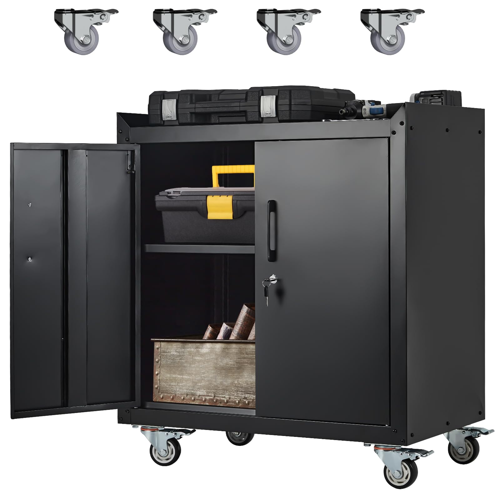 Garage Storage Cabinet with Wheels, 2 Door Tool Cabinet with Adjustable Shelves, Metal Lockable Tool Cabinet, Rolling Tool Chest for Home, 34 H x 30.3 L x 18 W, Assembly RequiredQuantumX Chargers