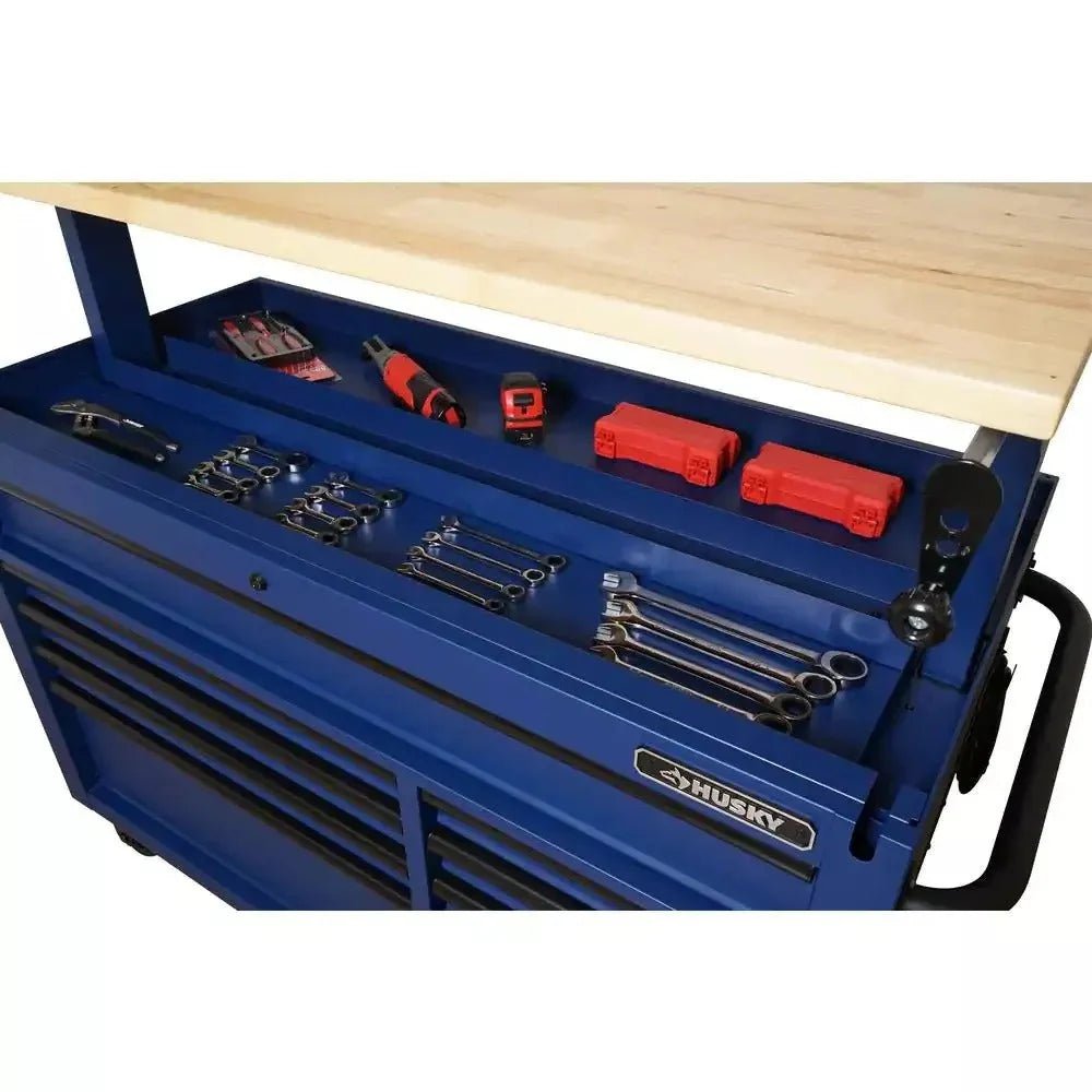 Heavy - Duty 52 in. 9 - Drawer Mobile Workbench with Adjustable - Height Solid Wood Top in Matte BlueQuantumX Chargers