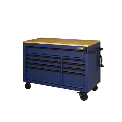 Heavy - Duty 52 in. 9 - Drawer Mobile Workbench with Adjustable - Height Solid Wood Top in Matte BlueQuantumX Chargers