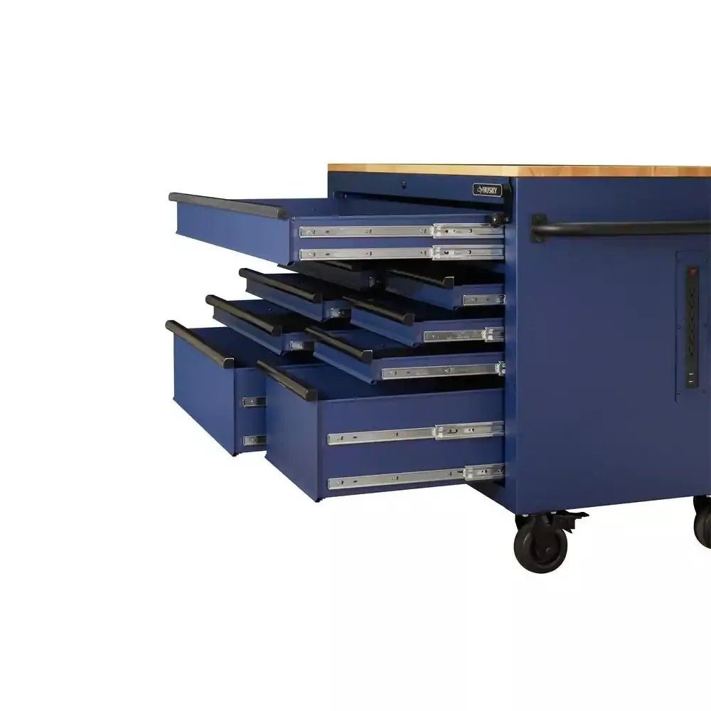 Heavy - Duty 52 in. 9 - Drawer Mobile Workbench with Adjustable - Height Solid Wood Top in Matte BlueQuantumX Chargers