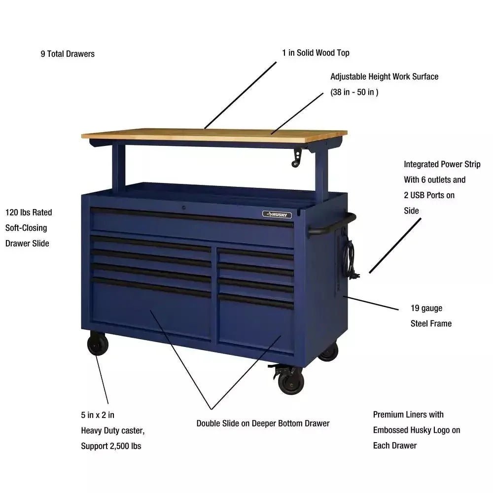 Heavy - Duty 52 in. 9 - Drawer Mobile Workbench with Adjustable - Height Solid Wood Top in Matte BlueQuantumX Chargers