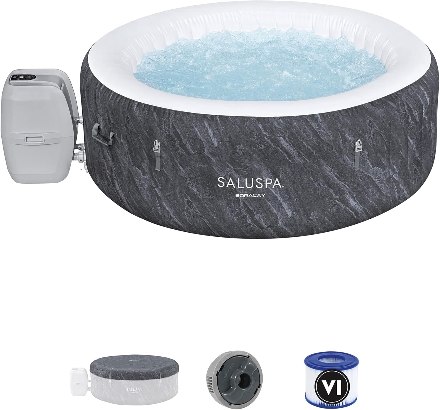 Large Round 2 to 4 Person Inflatable Hot Tub Portable Outdoor Spa with 120 AirJets and EnergySense Cover. GreyQuantumX Chargers