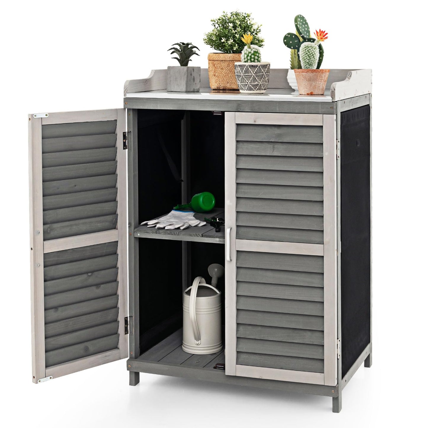 Outdoor Potting Bench Table, Garden Storage Cabinet w/Metal TabletopQuantumX Chargers