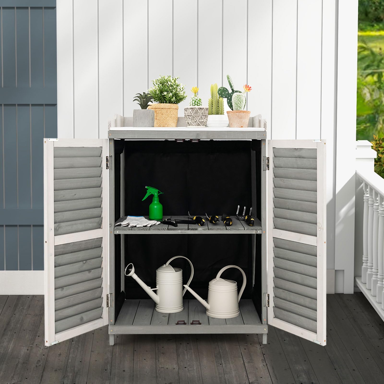 Outdoor Potting Bench Table, Garden Storage Cabinet w/Metal TabletopQuantumX Chargers