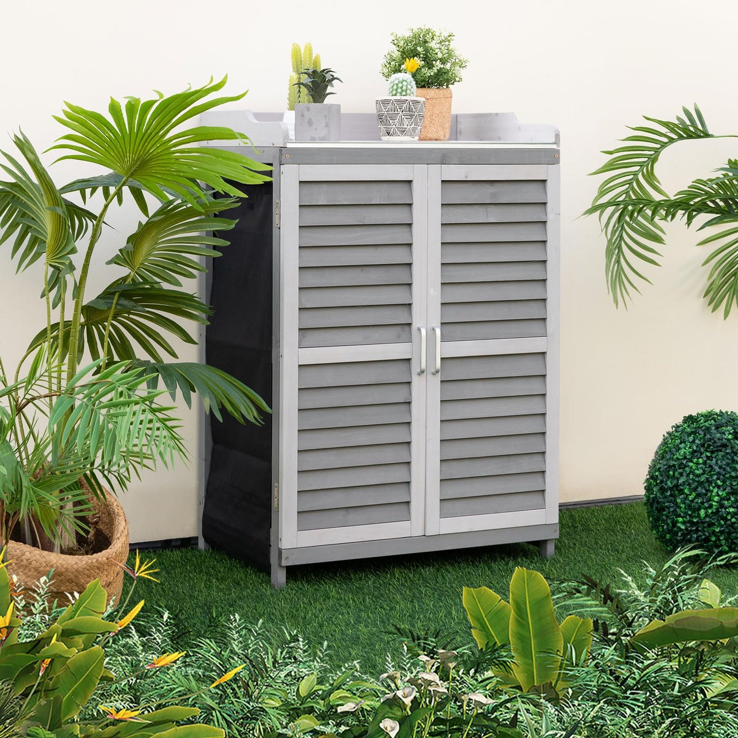 Outdoor Potting Bench Table, Garden Storage Cabinet w/Metal TabletopQuantumX Chargers
