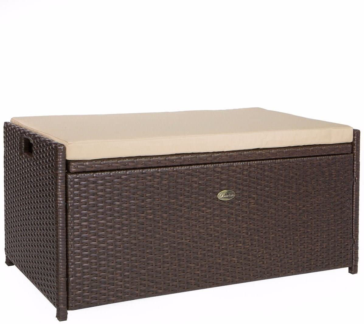 Outdoor Storage Bench Rattan Style Deck Box Wicker Patio Furniture Water Resistance w/Seat Cushion, 60 - Gallon, BrownQuantumX Chargers