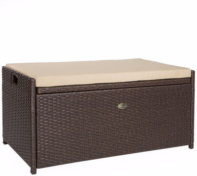 Outdoor Storage Bench Rattan Style Deck Box Wicker Patio Furniture Water Resistance w/Seat Cushion, 60 - Gallon, BrownQuantumX Chargers