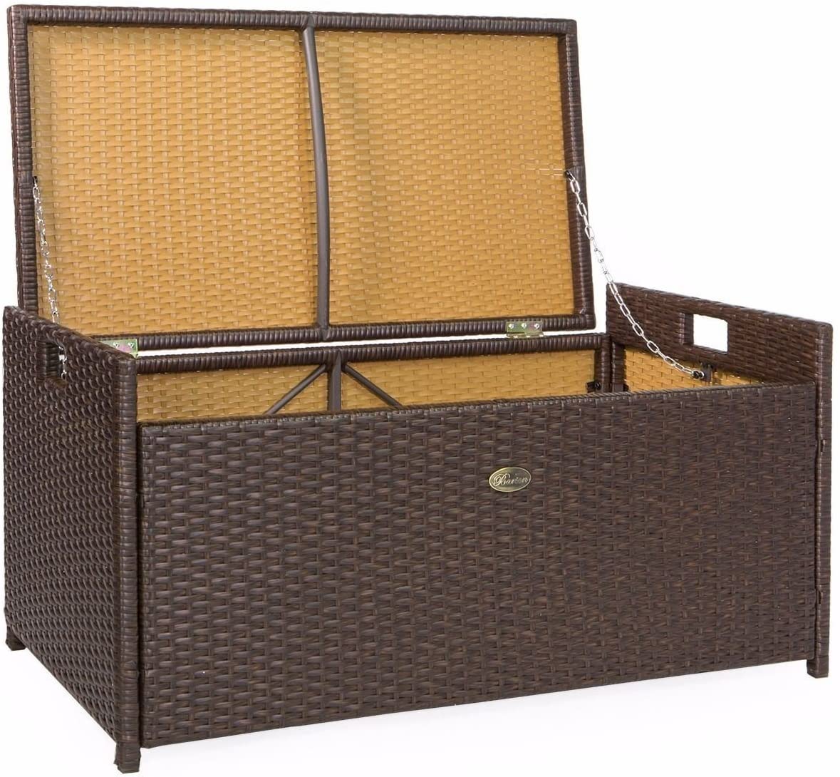 Outdoor Storage Bench Rattan Style Deck Box Wicker Patio Furniture Water Resistance w/Seat Cushion, 60 - Gallon, BrownQuantumX Chargers
