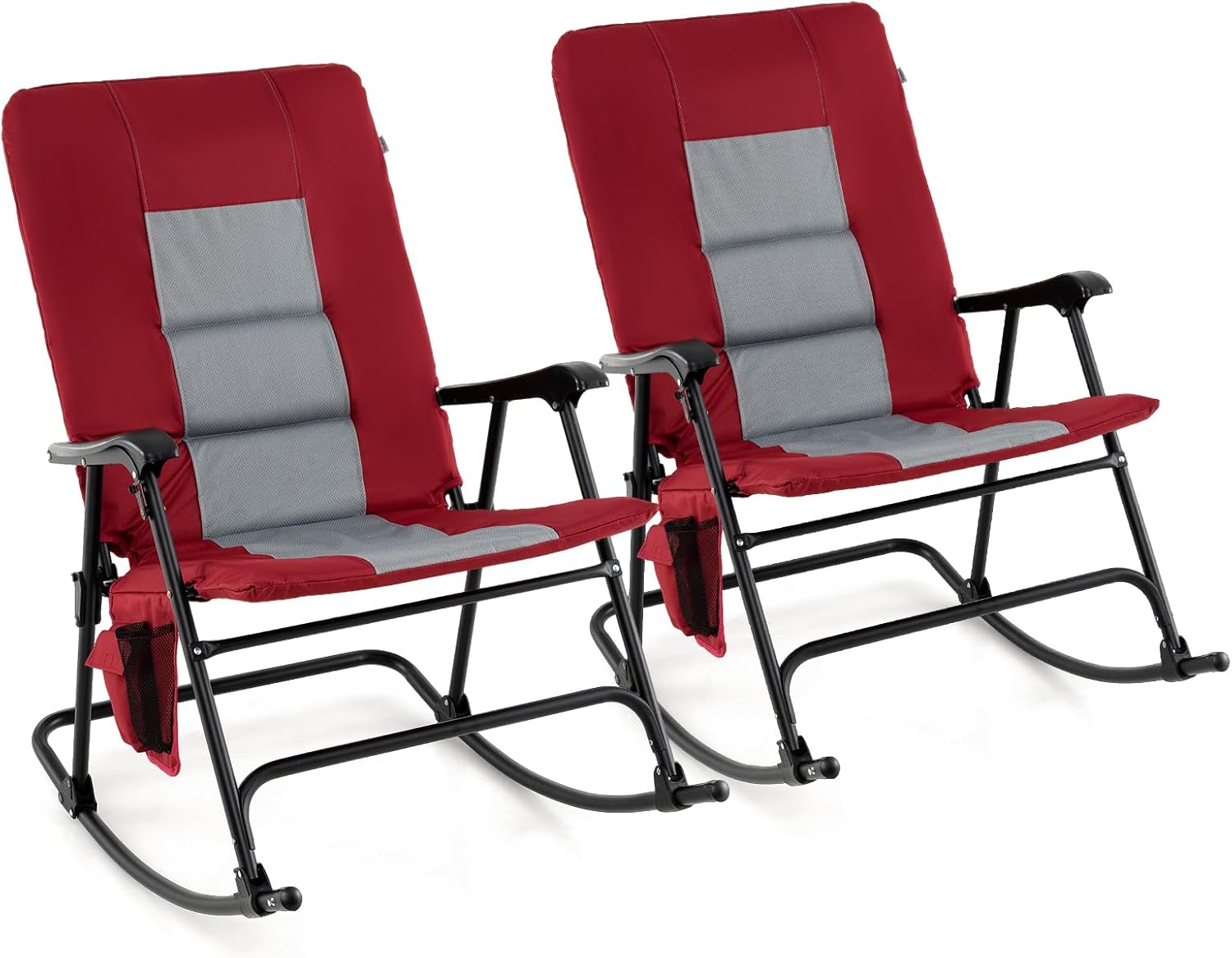 Oversized Folding Rocking Chair, Padded Patio Lounge Rocker w/Metal Frame, Armrests, Side PocketQuantumX Chargers