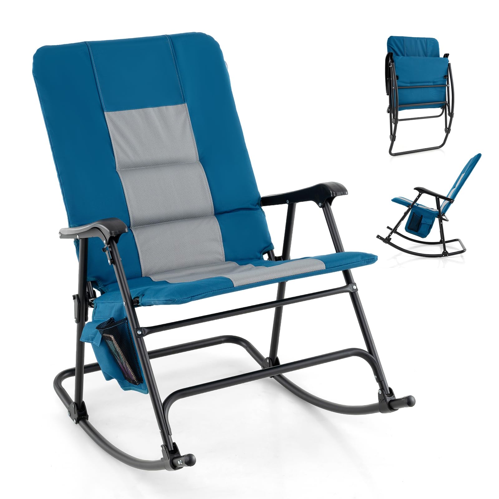 Oversized Folding Rocking Chair, Padded Patio Lounge Rocker w/Metal Frame, Armrests, Side PocketQuantumX Chargers