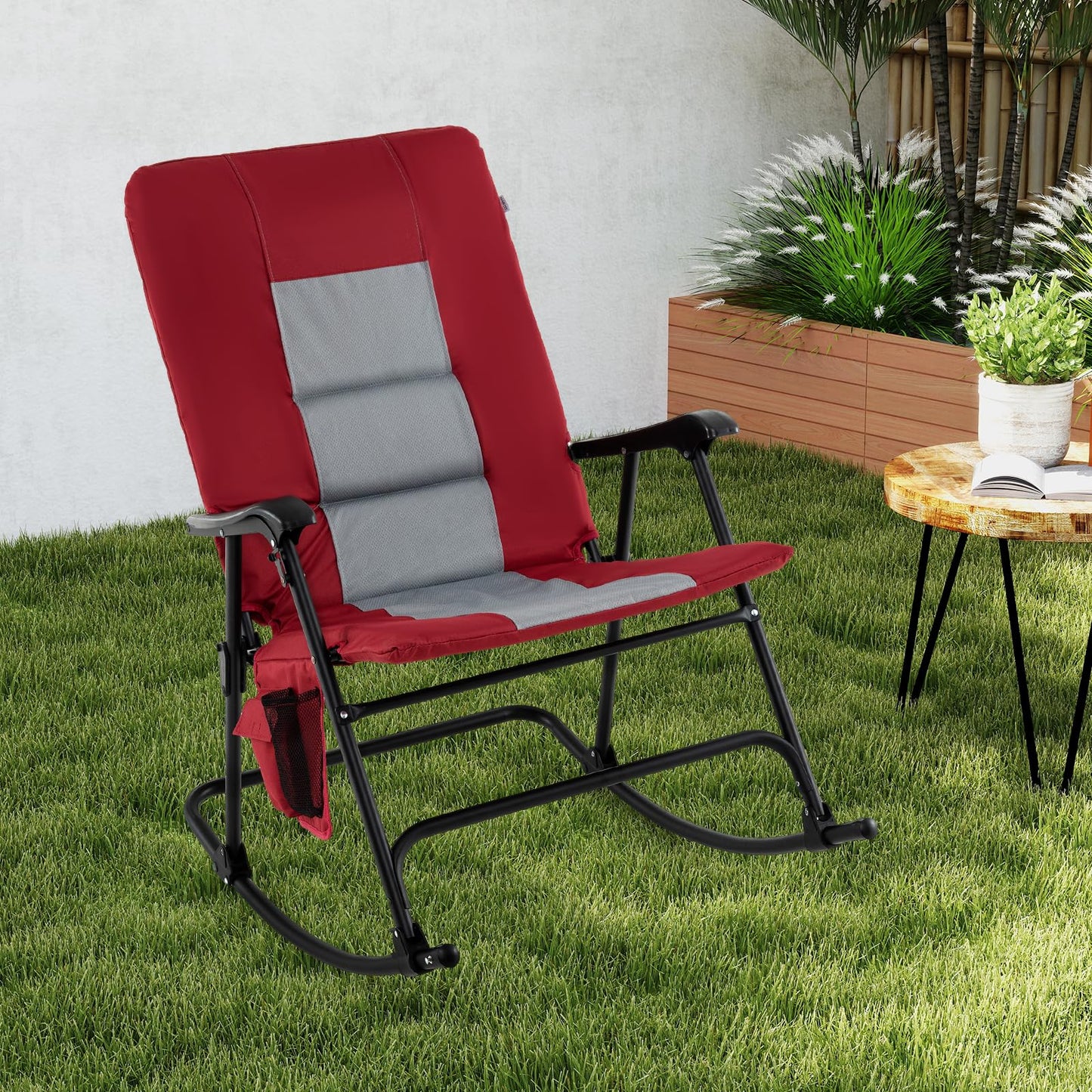 Oversized Folding Rocking Chair, Padded Patio Lounge Rocker w/Metal Frame, Armrests, Side PocketQuantumX Chargers
