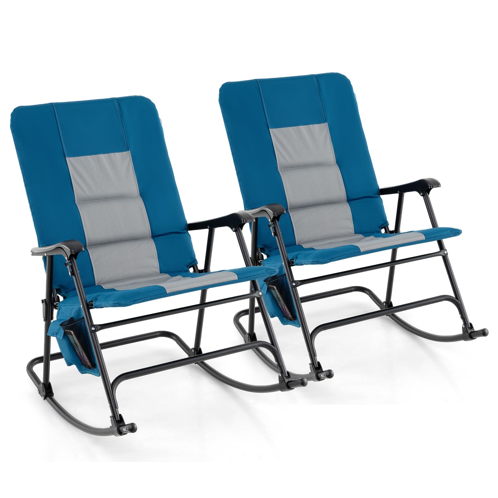 Oversized Folding Rocking Chair, Padded Patio Lounge Rocker w/Metal Frame, Armrests, Side PocketQuantumX Chargers