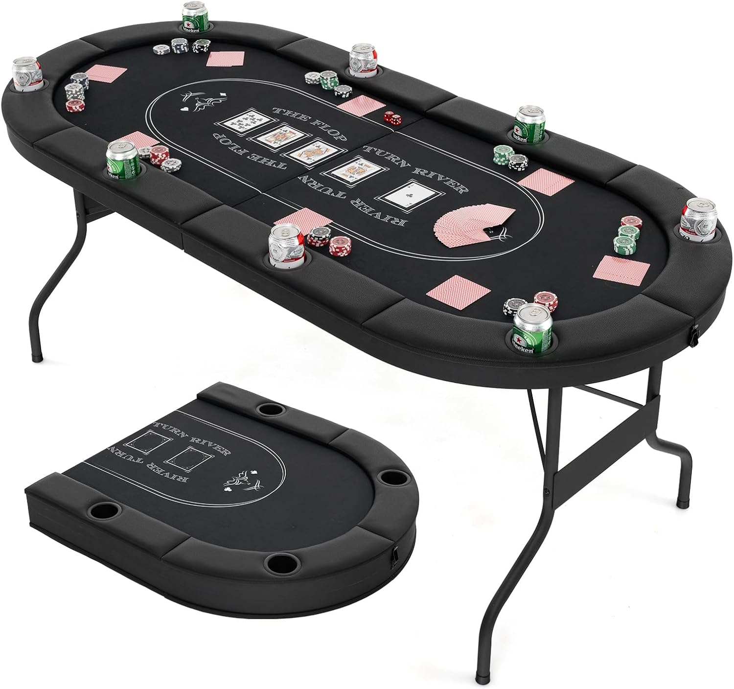 Poker Table Foldable, 8 Players Card Board Game Table w/Deep Metal Cup HoldersQuantumX Chargers