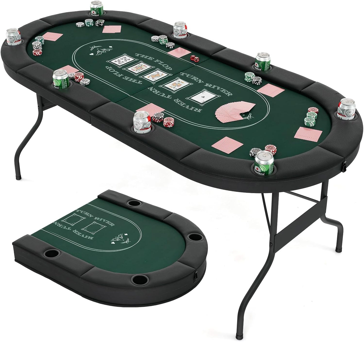 Poker Table Foldable, 8 Players Card Board Game Table w/Deep Metal Cup HoldersQuantumX Chargers