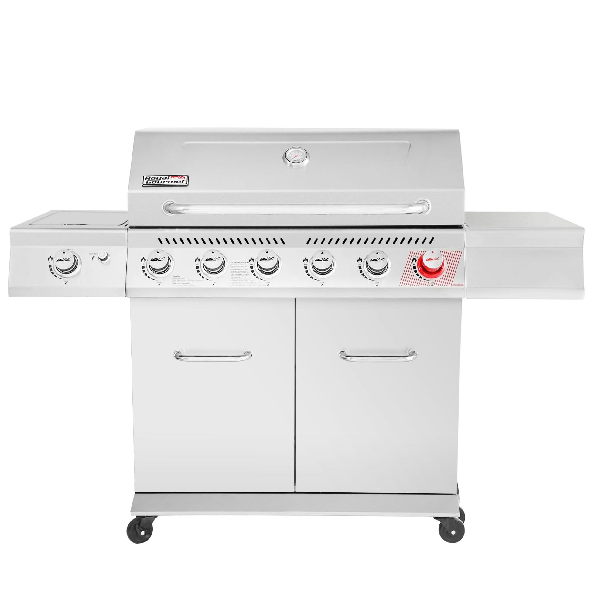 Stainless Steel Gas Grill, Premier 6 - Burner Propane Grill with Sear Burner and Side Burner, 74,000 BTU, Cabinet Style, Outdoor BBQ Party Grill, SilverQuantumX Chargers
