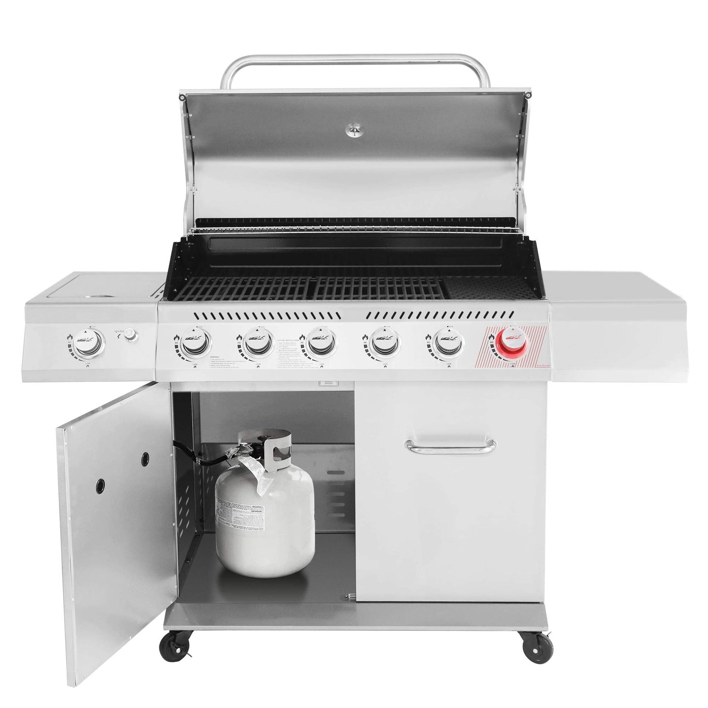 Stainless Steel Gas Grill, Premier 6 - Burner Propane Grill with Sear Burner and Side Burner, 74,000 BTU, Cabinet Style, Outdoor BBQ Party Grill, SilverQuantumX Chargers