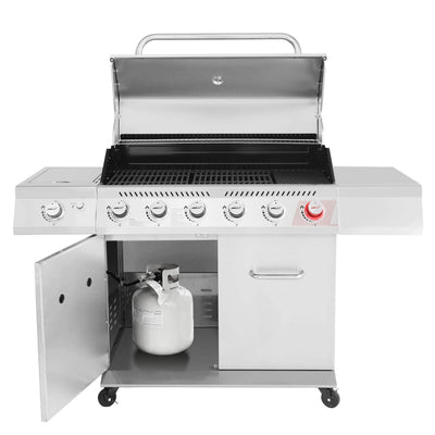 Stainless Steel Gas Grill, Premier 6 - Burner Propane Grill with Sear Burner and Side Burner, 74,000 BTU, Cabinet Style, Outdoor BBQ Party Grill, SilverQuantumX Chargers