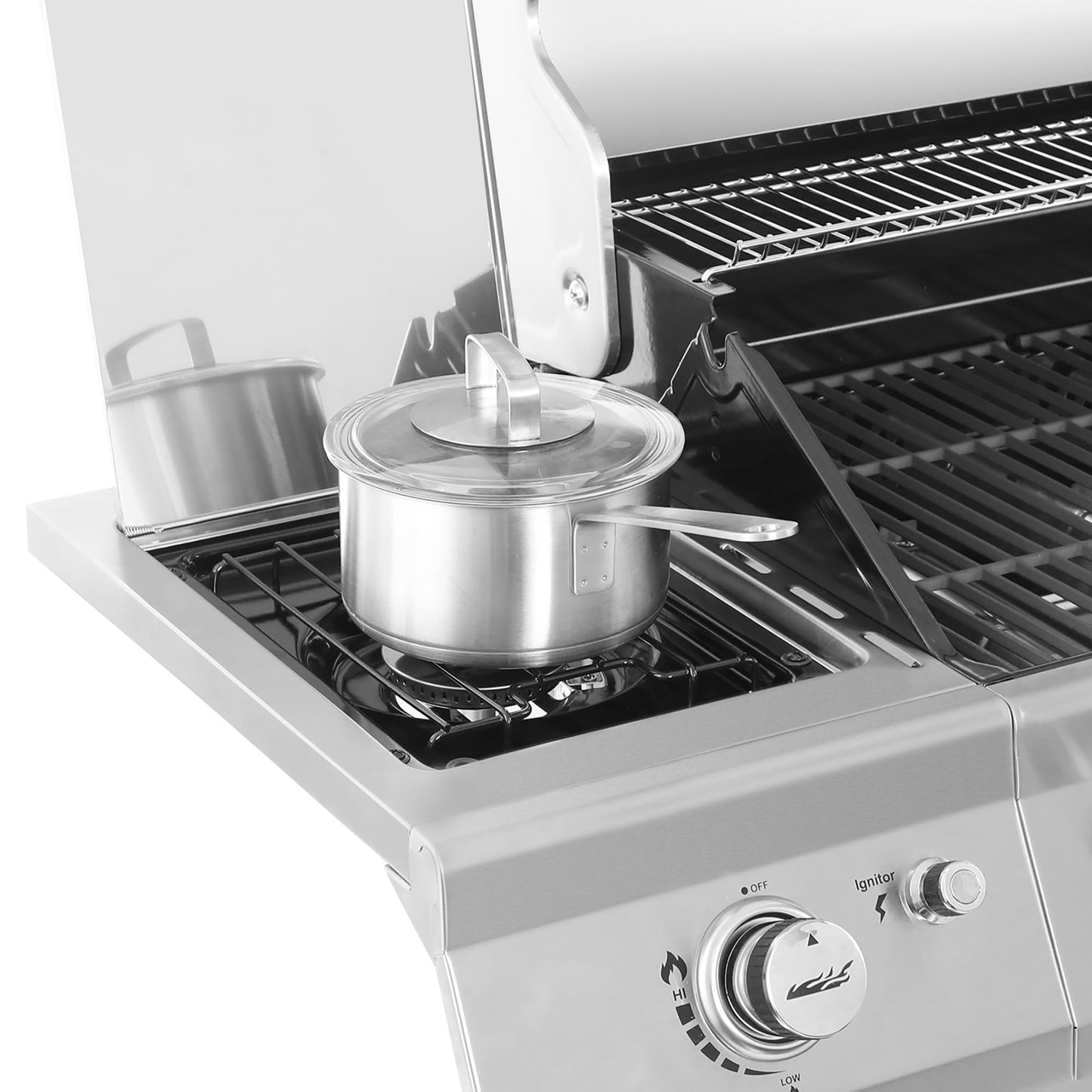 Stainless Steel Gas Grill, Premier 6 - Burner Propane Grill with Sear Burner and Side Burner, 74,000 BTU, Cabinet Style, Outdoor BBQ Party Grill, SilverQuantumX Chargers