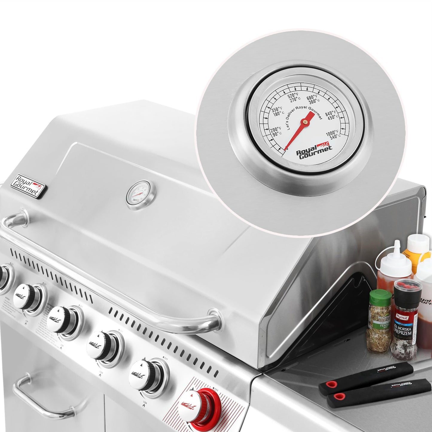 Stainless Steel Gas Grill, Premier 6 - Burner Propane Grill with Sear Burner and Side Burner, 74,000 BTU, Cabinet Style, Outdoor BBQ Party Grill, SilverQuantumX Chargers