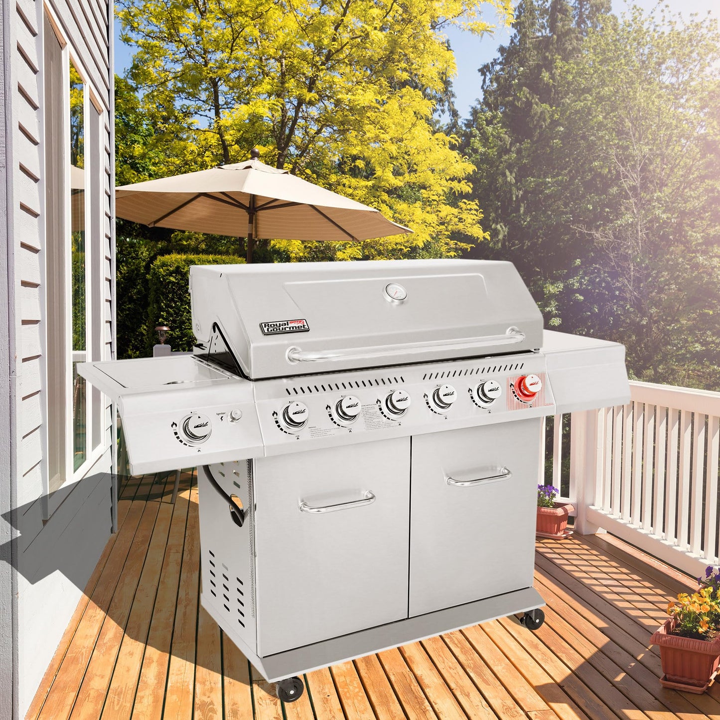Stainless Steel Gas Grill, Premier 6 - Burner Propane Grill with Sear Burner and Side Burner, 74,000 BTU, Cabinet Style, Outdoor BBQ Party Grill, SilverQuantumX Chargers