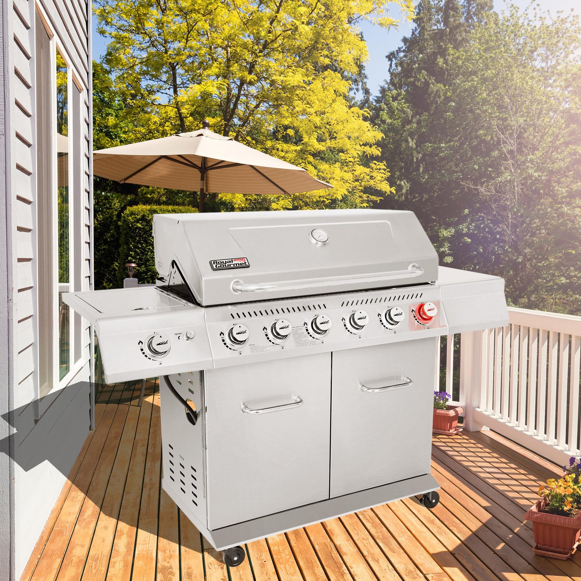 Stainless Steel Gas Grill, Premier 6 - Burner Propane Grill with Sear Burner and Side Burner, 74,000 BTU, Cabinet Style, Outdoor BBQ Party Grill, SilverQuantumX Chargers
