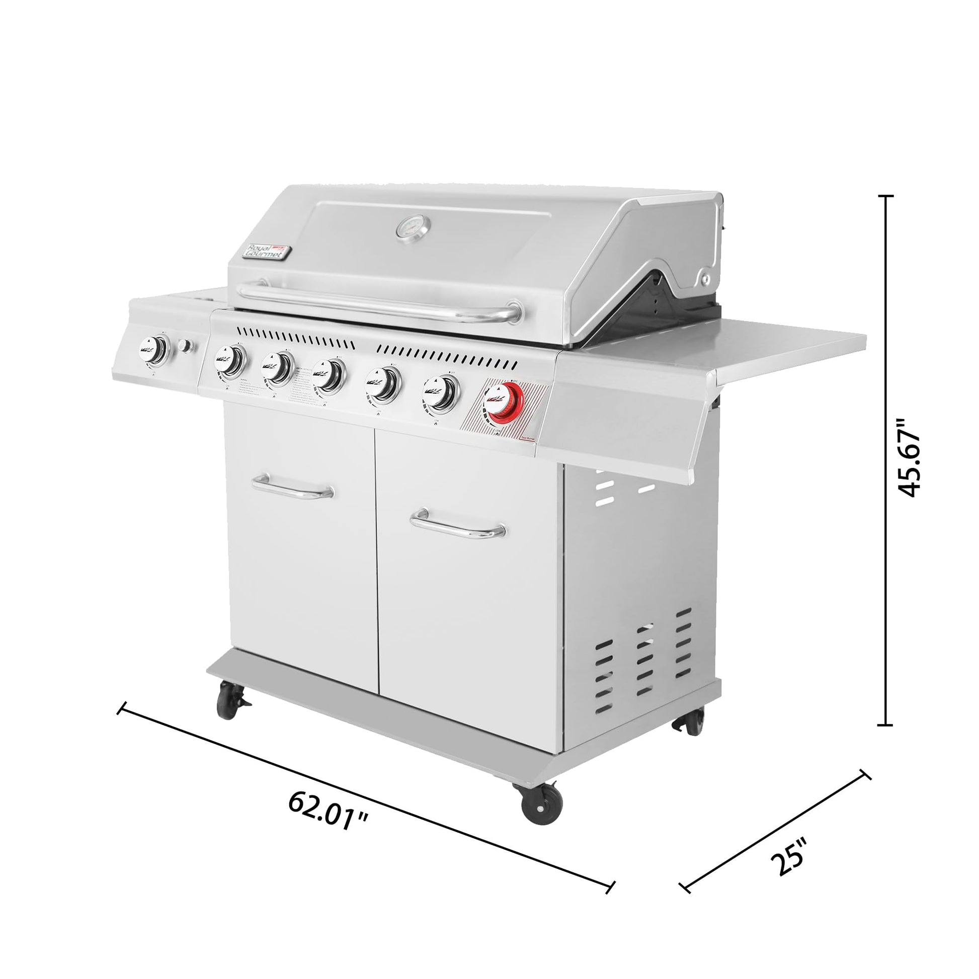 Stainless Steel Gas Grill, Premier 6 - Burner Propane Grill with Sear Burner and Side Burner, 74,000 BTU, Cabinet Style, Outdoor BBQ Party Grill, SilverQuantumX Chargers