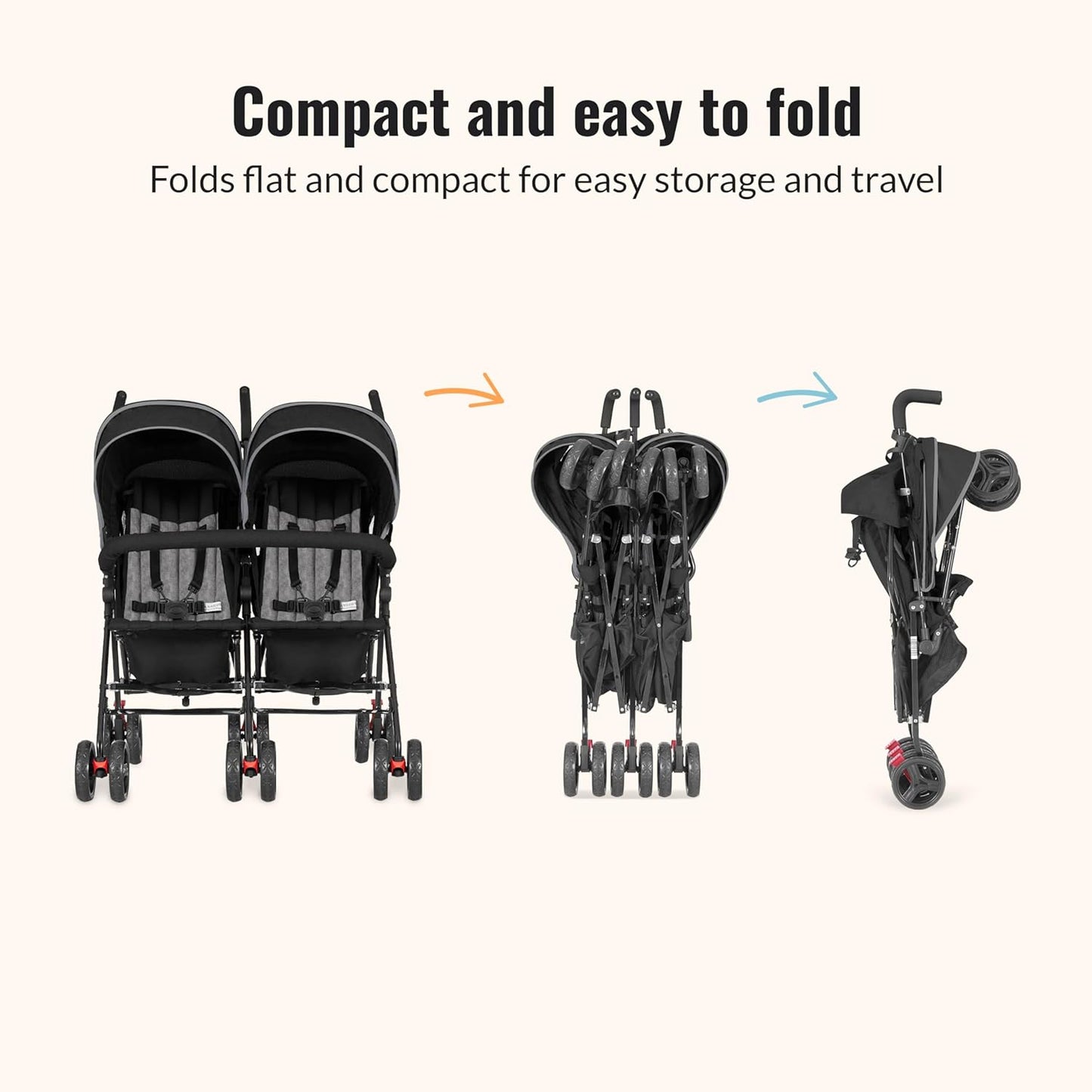 Twin Umbrella Stroller in Black, Lightweight Double Stroller for Infant & Toddler, Compact Easy Fold, Large Storage Basket, Large and Adjustable CanopyQuantumX Chargers